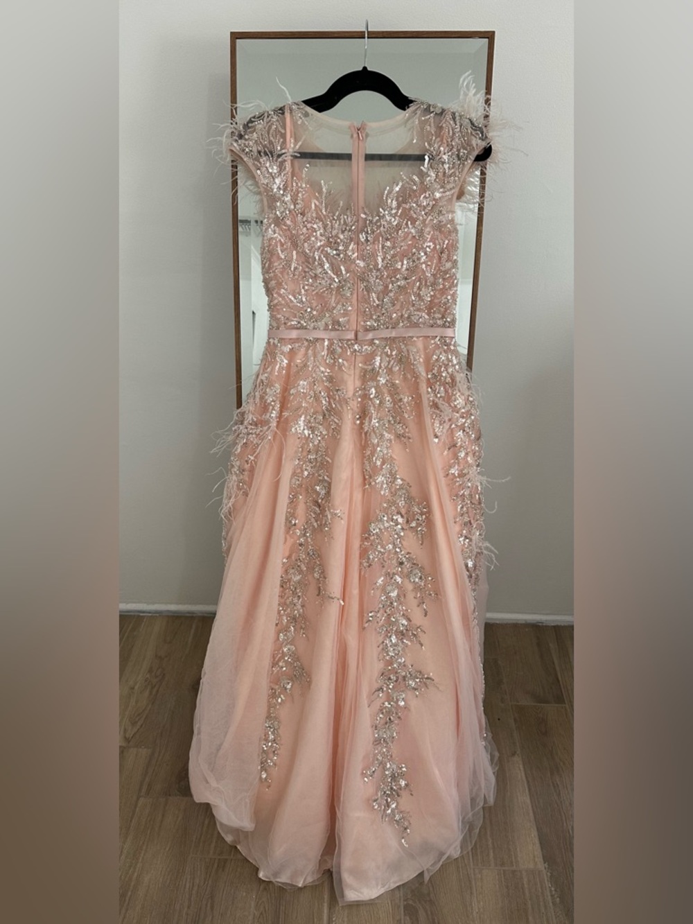 Mac Duggal Pale Pink Feather & Sequin Tulle Gown - Picture 2 of 4